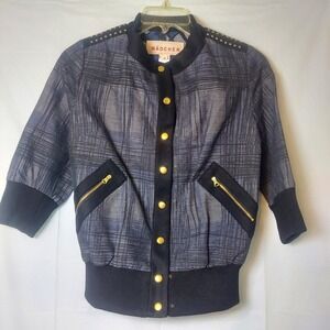 Madchen Bomber Jacket Womens M Blue Plaid‎ Gold Studded Trim 3/4 Sleeve
